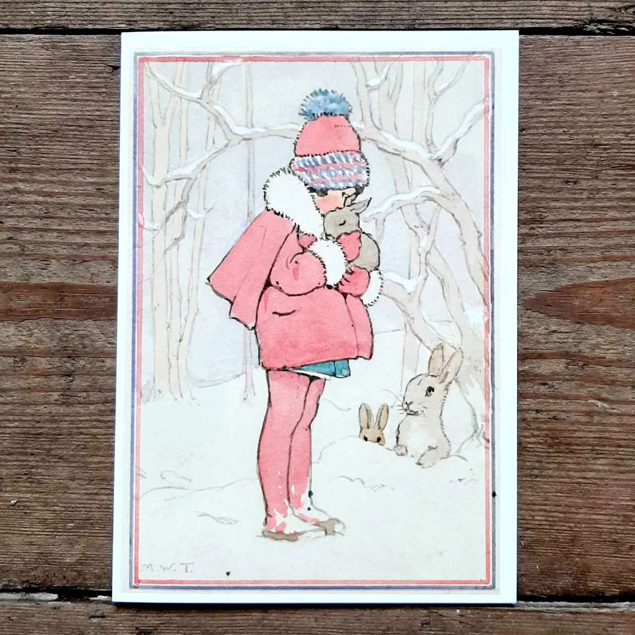 Single Christmas Card - Girl Hugs Bunny