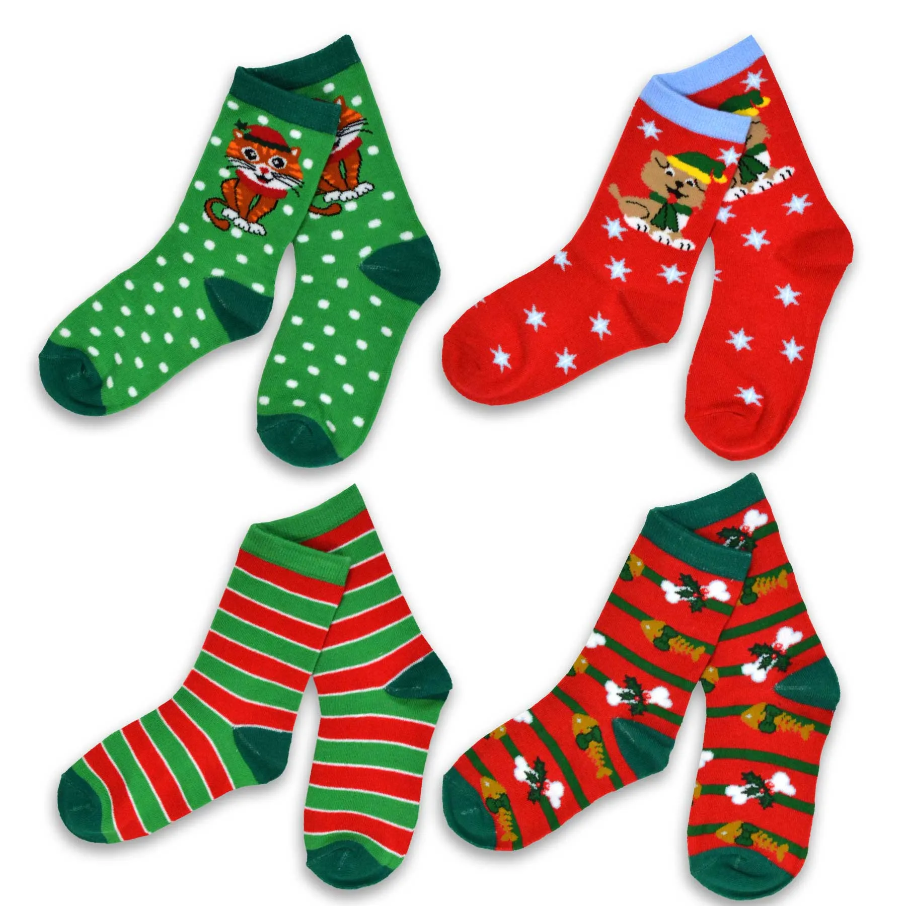 TeeHee Socks Kid's Christmas Cotton Short Crew Cat, Dog 4-Pack (70936)