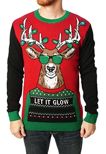 Ugly Christmas Sweater Company Men's Assorted Light-Up Xmas Crew Neck Sweaters with Multi-Colored LED Flashing Lights, Cayenne Let It Glow, X-Large